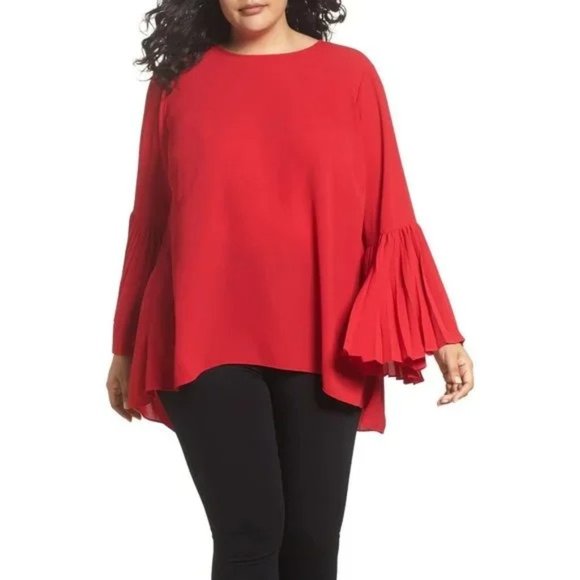 NWT Womens Plus Size 3X Vince Camuto Red Pleated Bell Sleeve High Low Top - Picture 1 of 6